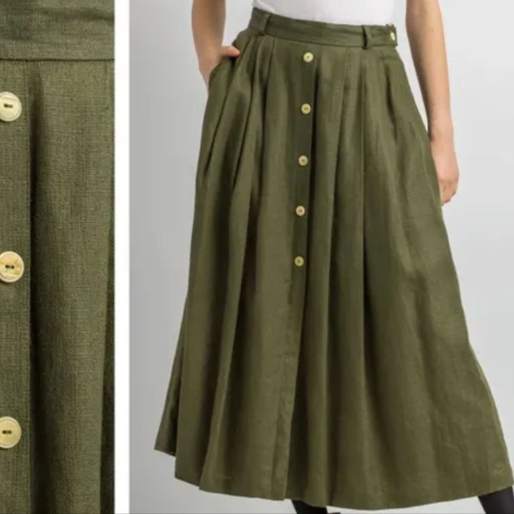 VTG Steilmann Olive Green Midi Skirt – 1940s Flowing Crinkle
